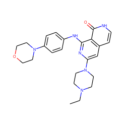 CCN1CCN(c2cc3cc[nH]c(=O)c3c(Nc3ccc(N4CCOCC4)cc3)n2)CC1 ZINC000096174440