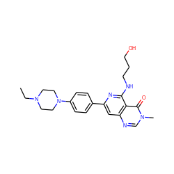 CCN1CCN(c2ccc(-c3cc4ncn(C)c(=O)c4c(NCCCO)n3)cc2)CC1 ZINC000115624449