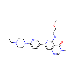 CCN1CCN(c2ccc(-c3cc4ncn(C)c(=O)c4c(NCCOC)n3)cn2)CC1 ZINC000115625458