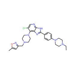 CCN1CCN(c2ccc(-c3nc4c(N5CCN(Cc6cc(C)on6)CC5)c(Cl)cnc4[nH]3)cc2)CC1 ZINC000095564004