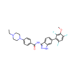 CCN1CCN(c2ccc(C(=O)Nc3n[nH]c4cc(-c5c(F)cc(F)c(OC)c5F)ccc34)cc2)CC1 ZINC001772630605