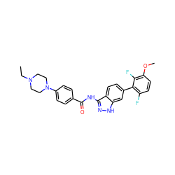 CCN1CCN(c2ccc(C(=O)Nc3n[nH]c4cc(-c5c(F)ccc(OC)c5F)ccc34)cc2)CC1 ZINC001772579680