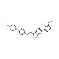 CCN1CCN(c2ccc(C(=O)Nc3n[nH]c4cc(-c5cccc(OC)c5F)ccc34)cc2)CC1 ZINC000914431256