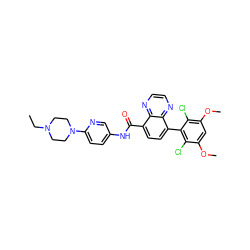 CCN1CCN(c2ccc(NC(=O)c3ccc(-c4c(Cl)c(OC)cc(OC)c4Cl)c4nccnc34)cn2)CC1 ZINC000096173398