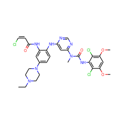 CCN1CCN(c2ccc(Nc3cc(N(C)C(=O)Nc4c(Cl)c(OC)cc(OC)c4Cl)ncn3)c(NC(=O)/C=C\Cl)c2)CC1 ZINC001772573128