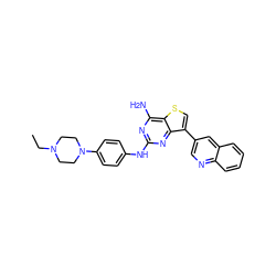 CCN1CCN(c2ccc(Nc3nc(N)c4scc(-c5cnc6ccccc6c5)c4n3)cc2)CC1 ZINC000198490612