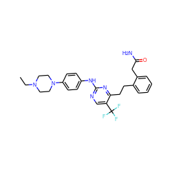 CCN1CCN(c2ccc(Nc3ncc(C(F)(F)F)c(CCc4ccccc4CC(N)=O)n3)cc2)CC1 ZINC000201623322