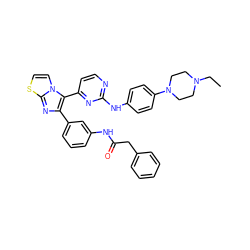 CCN1CCN(c2ccc(Nc3nccc(-c4c(-c5cccc(NC(=O)Cc6ccccc6)c5)nc5sccn45)n3)cc2)CC1 ZINC000049793658