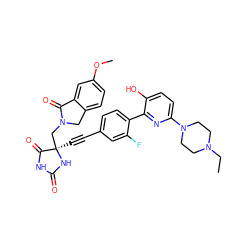 CCN1CCN(c2ccc(O)c(-c3ccc(C#C[C@]4(CN5Cc6ccc(OC)cc6C5=O)NC(=O)NC4=O)cc3F)n2)CC1 ZINC000064550032