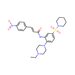 CCN1CCN(c2ccc(S(=O)(=O)N3CCCCC3)cc2NC(=O)/C=C/c2ccc([N+](=O)[O-])cc2)CC1 ZINC000012526626