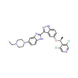 CCN1CCN(c2ccc3[nH]c(-c4n[nH]c5ccc(O[C@@H](C)c6c(Cl)cncc6Cl)cc45)nc3c2)CC1 ZINC000653825433