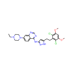 CCN1CCN(c2ccc3c(Nc4cc(CCc5c(Cl)c(OC)cc(OC)c5Cl)[nH]n4)ncnc3c2)CC1 ZINC000653843512