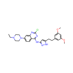 CCN1CCN(c2ccc3c(Nc4cc(CCc5cc(OC)cc(OC)c5)[nH]n4)nc(Cl)nc3c2)CC1 ZINC000653848928