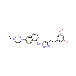 CCN1CCN(c2ccc3c(Nc4cc(CCc5cc(OC)cc(OC)c5)[nH]n4)nccc3c2)CC1 ZINC000653849017