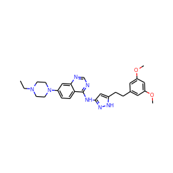 CCN1CCN(c2ccc3c(Nc4cc(CCc5cc(OC)cc(OC)c5)[nH]n4)ncnc3c2)CC1 ZINC000653843529