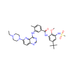 CCN1CCN(c2ccc3ncnc(Nc4cc(C(=O)Nc5cc(C(C)(C)C)cc(NS(C)(=O)=O)c5OC)ccc4C)c3n2)CC1 ZINC000096175737