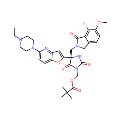 CCN1CCN(c2ccc3oc([C@]4(CN5Cc6ccc(OC)c(F)c6C5=O)NC(=O)N(COC(=O)C(C)(C)C)C4=O)cc3n2)CC1 ZINC000141884348