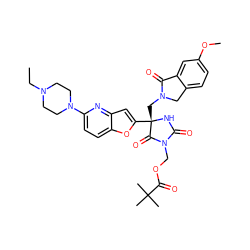 CCN1CCN(c2ccc3oc([C@]4(CN5Cc6ccc(OC)cc6C5=O)NC(=O)N(COC(=O)C(C)(C)C)C4=O)cc3n2)CC1 ZINC000141908632