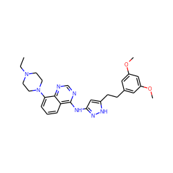 CCN1CCN(c2cccc3c(Nc4cc(CCc5cc(OC)cc(OC)c5)[nH]n4)ncnc23)CC1 ZINC000653842149