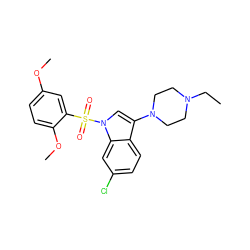 CCN1CCN(c2cn(S(=O)(=O)c3cc(OC)ccc3OC)c3cc(Cl)ccc23)CC1 ZINC000066251086