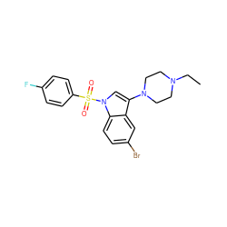 CCN1CCN(c2cn(S(=O)(=O)c3ccc(F)cc3)c3ccc(Br)cc23)CC1 ZINC000043176088