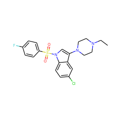 CCN1CCN(c2cn(S(=O)(=O)c3ccc(F)cc3)c3ccc(Cl)cc23)CC1 ZINC000043176090