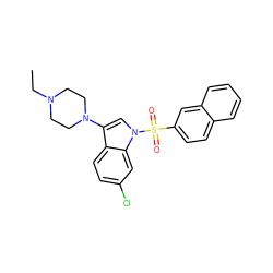 CCN1CCN(c2cn(S(=O)(=O)c3ccc4ccccc4c3)c3cc(Cl)ccc23)CC1 ZINC000066252775