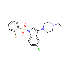 CCN1CCN(c2cn(S(=O)(=O)c3ccccc3Br)c3ccc(Cl)cc23)CC1 ZINC000043176086