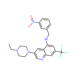 CCN1CCN(c2cnc3cc(C(F)(F)F)cc(NCc4cccc([N+](=O)[O-])c4)c3c2)CC1 ZINC000071316551