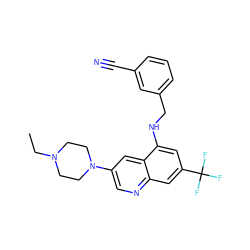 CCN1CCN(c2cnc3cc(C(F)(F)F)cc(NCc4cccc(C#N)c4)c3c2)CC1 ZINC000071297135