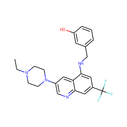 CCN1CCN(c2cnc3cc(C(F)(F)F)cc(NCc4cccc(O)c4)c3c2)CC1 ZINC000071319198