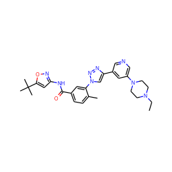 CCN1CCN(c2cncc(-c3cn(-c4cc(C(=O)Nc5cc(C(C)(C)C)on5)ccc4C)nn3)c2)CC1 ZINC000199374533