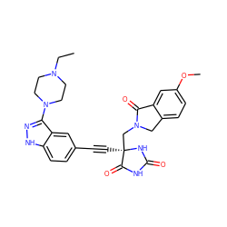 CCN1CCN(c2n[nH]c3ccc(C#C[C@]4(CN5Cc6ccc(OC)cc6C5=O)NC(=O)NC4=O)cc23)CC1 ZINC000096173705