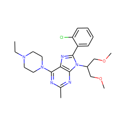 CCN1CCN(c2nc(C)nc3c2nc(-c2ccccc2Cl)n3C(COC)COC)CC1 ZINC000142307260