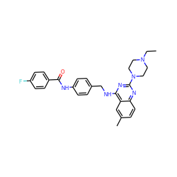 CCN1CCN(c2nc(NCc3ccc(NC(=O)c4ccc(F)cc4)cc3)c3cc(C)ccc3n2)CC1 ZINC000141793140