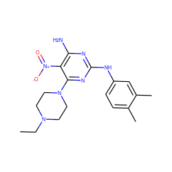 CCN1CCN(c2nc(Nc3ccc(C)c(C)c3)nc(N)c2[N+](=O)[O-])CC1 ZINC000005025331