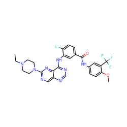 CCN1CCN(c2ncc3ncnc(Nc4cc(C(=O)Nc5ccc(OC)c(C(F)(F)F)c5)ccc4F)c3n2)CC1 ZINC000148282319