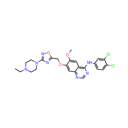 CCN1CCN(c2noc(COc3cc4ncnc(Nc5ccc(Cl)c(Cl)c5)c4cc3OC)n2)CC1 ZINC000114821206