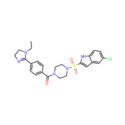 CCN1CCN=C1c1ccc(C(=O)N2CCN(S(=O)(=O)c3cc4cc(Cl)ccc4[nH]3)CC2)cc1 ZINC000026175139