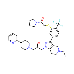 CCN1CCc2c(c(-c3ccc(C(F)(F)F)c(SCC(=O)N4CCCC4)c3)nn2C[C@H](O)CN2CCC(c3ccccn3)CC2)C1 ZINC000049780913