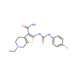 CCN1CCc2c(sc(NC(=O)Nc3ccc(Cl)cc3)c2C(N)=O)C1 ZINC000005093859