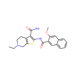 CCN1CCc2c(sc(NC(=O)c3cc4ccccc4cc3OC)c2C(N)=O)C1 ZINC000004087107