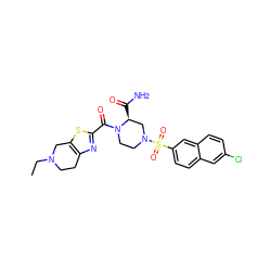 CCN1CCc2nc(C(=O)N3CCN(S(=O)(=O)c4ccc5cc(Cl)ccc5c4)C[C@@H]3C(N)=O)sc2C1 ZINC000028376155