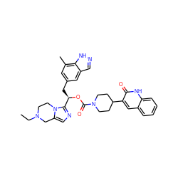 CCN1CCn2c(cnc2[C@@H](Cc2cc(C)c3[nH]ncc3c2)OC(=O)N2CCC(c3cc4ccccc4[nH]c3=O)CC2)C1 ZINC000096284737