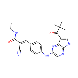 CCNC(=O)/C(C#N)=C/c1ccc(Nc2cnc3[nH]cc(C(=O)C(C)(C)C)c3n2)cc1 ZINC000148930438