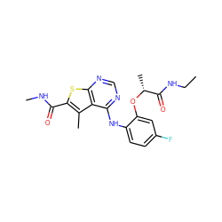 CCNC(=O)[C@@H](C)Oc1cc(F)ccc1Nc1ncnc2sc(C(=O)NC)c(C)c12 ZINC000118826219