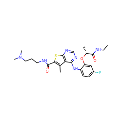 CCNC(=O)[C@@H](C)Oc1cc(F)ccc1Nc1ncnc2sc(C(=O)NCCCN(C)C)c(C)c12 ZINC000118819547