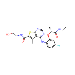 CCNC(=O)[C@@H](C)Oc1cc(F)ccc1Nc1ncnc2sc(C(=O)NCCO)c(C)c12 ZINC000118819453