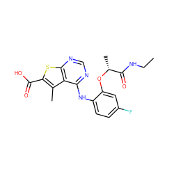 CCNC(=O)[C@@H](C)Oc1cc(F)ccc1Nc1ncnc2sc(C(=O)O)c(C)c12 ZINC000118739022