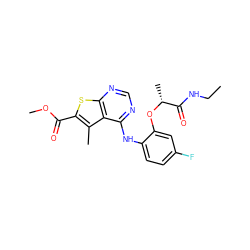 CCNC(=O)[C@@H](C)Oc1cc(F)ccc1Nc1ncnc2sc(C(=O)OC)c(C)c12 ZINC000118738999